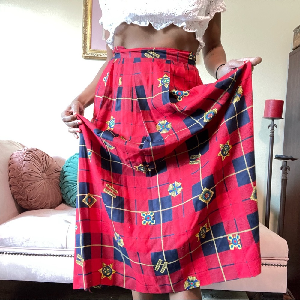 Vintage Red + Navy Plaid Printed Maxi Skirt